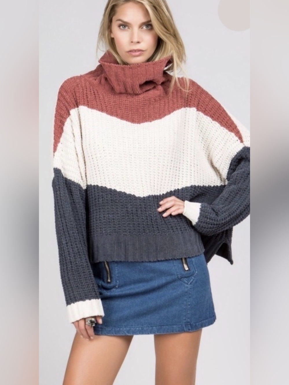 POL Chenille Colorblock Turtleneck Sweater Oversized Chunky Knit Size M